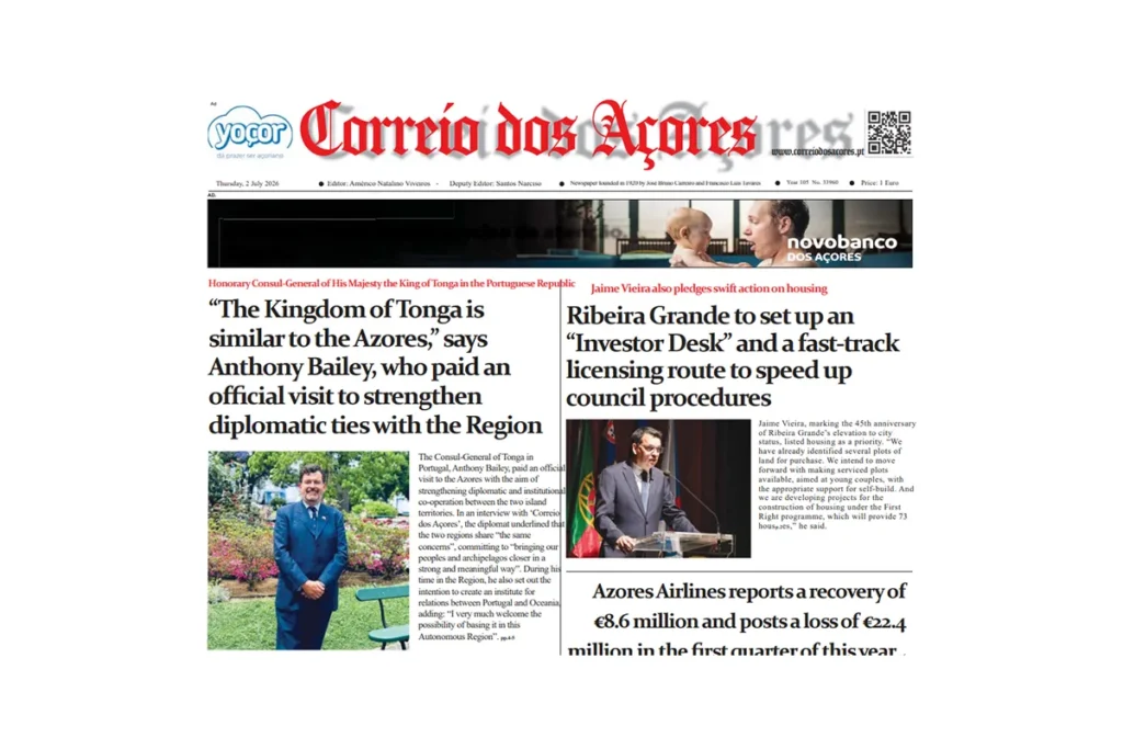 O Cônsul-Geral Honorário de Tonga, Comendador Anthony Bailey, concede entrevista ao jornal Correio dos Açores - Consulado-Geral do Reino de Tonga na República Portuguesa O Cônsul-Geral Honorário de Tonga, Comendador Anthony Bailey, concede entrevista ao jornal Correio dos Açores - Consulado-Geral do Reino de Tonga na República Portuguesa